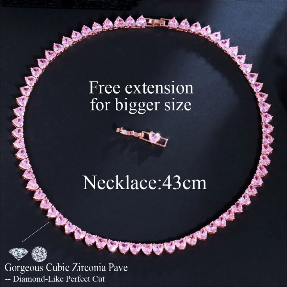 14k ROSE GOLD PLATED PINK HEART SHAPED TENNIS NECKLACE